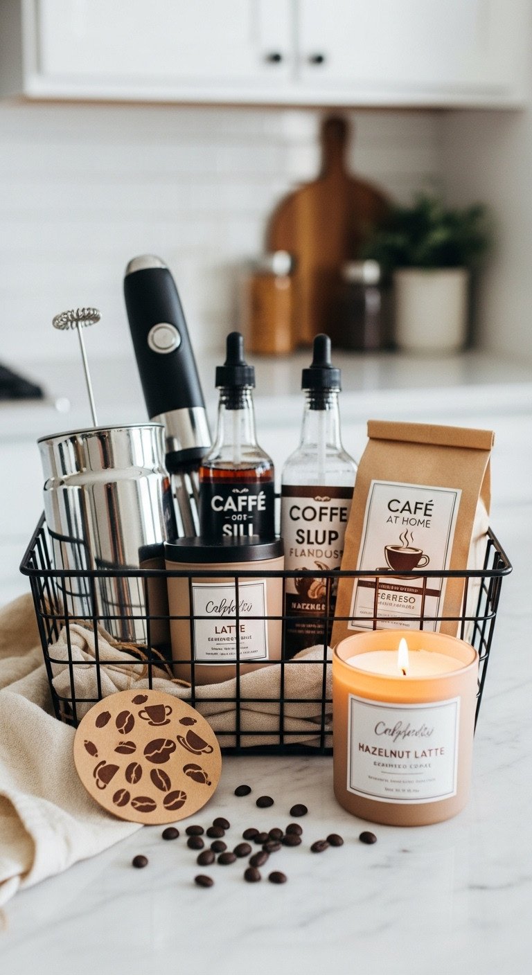 Cafe at home coffee gift basket for teachers with milk frother flavored syrups and hazelnut latte candle in a wire basket