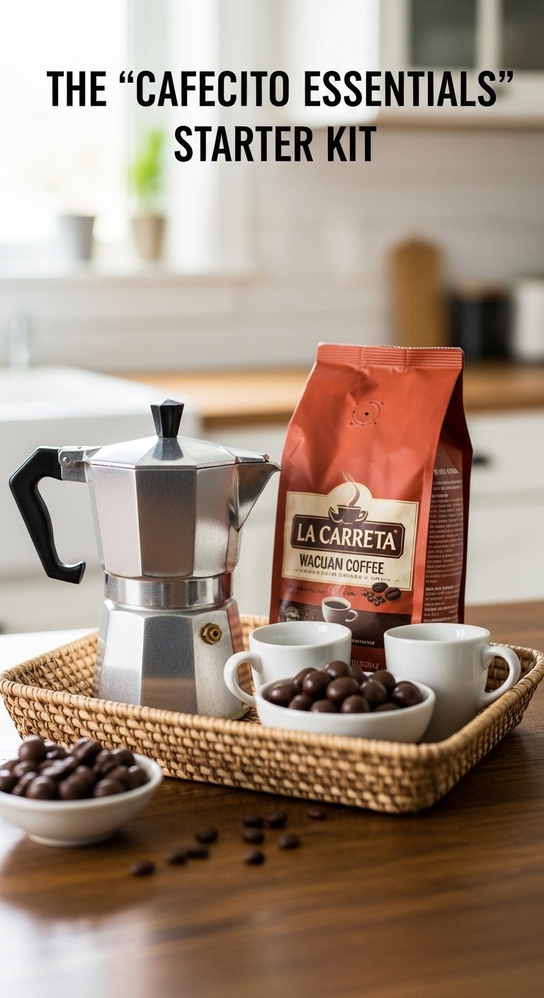 Cafecito essentials Cuban coffee starter kit with Moka pot La Carreta coffee espresso cups and chocolate covered beans