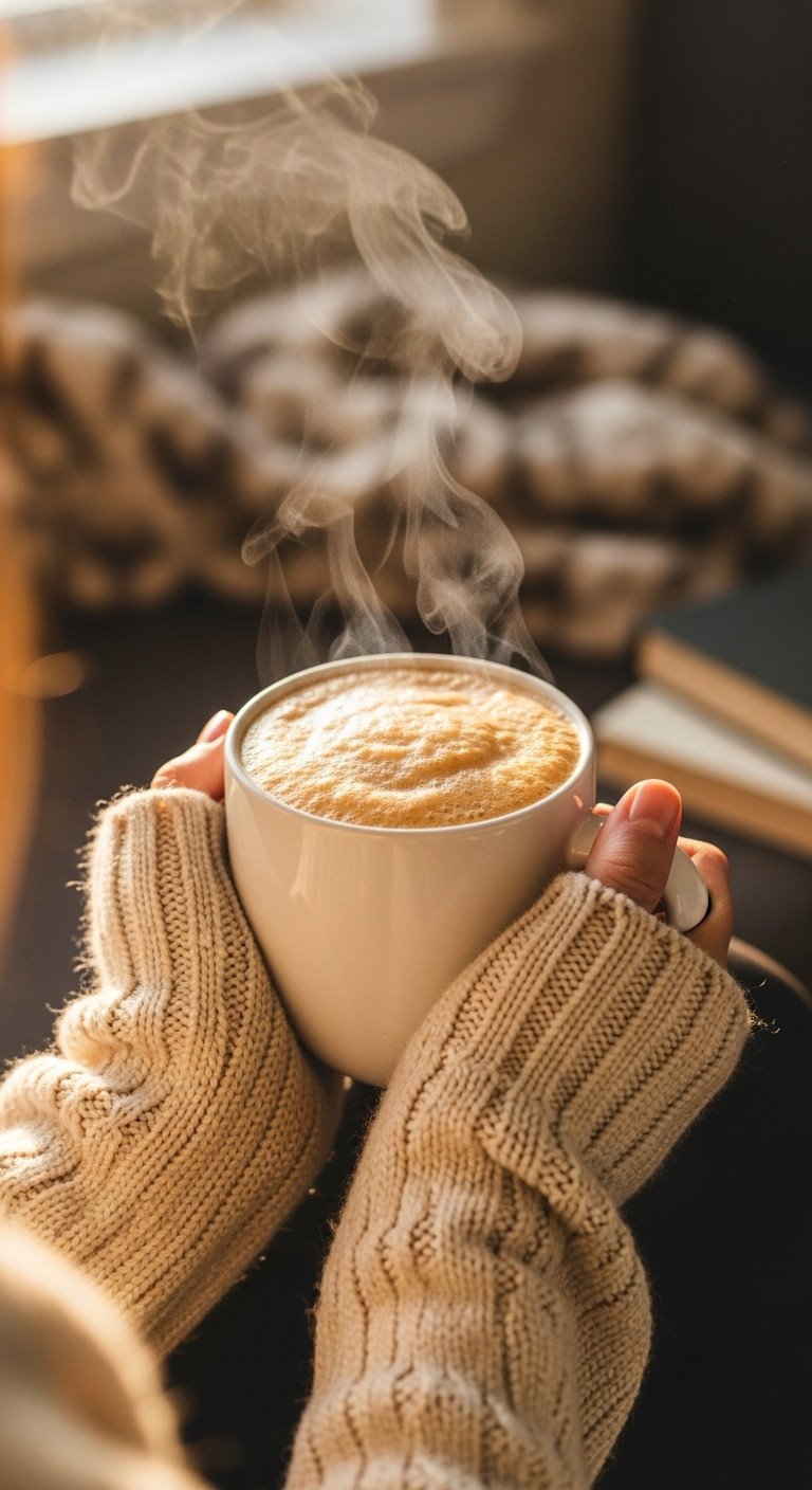 7 Cozy Hot Pumpkin Coffee Recipes Better Than Starbucks 11 Caffeine Free Pumpkin Spice Steamer in an oversized mug held by hands in a knit sweater with a blurred living room background