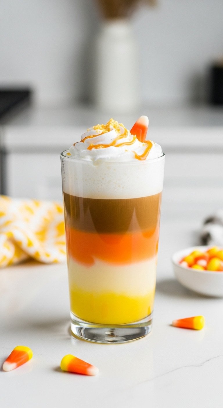Candy Corn Macchiato with yellow orange and white layers in a tall glass with a small dish of candy corn on a white countertop