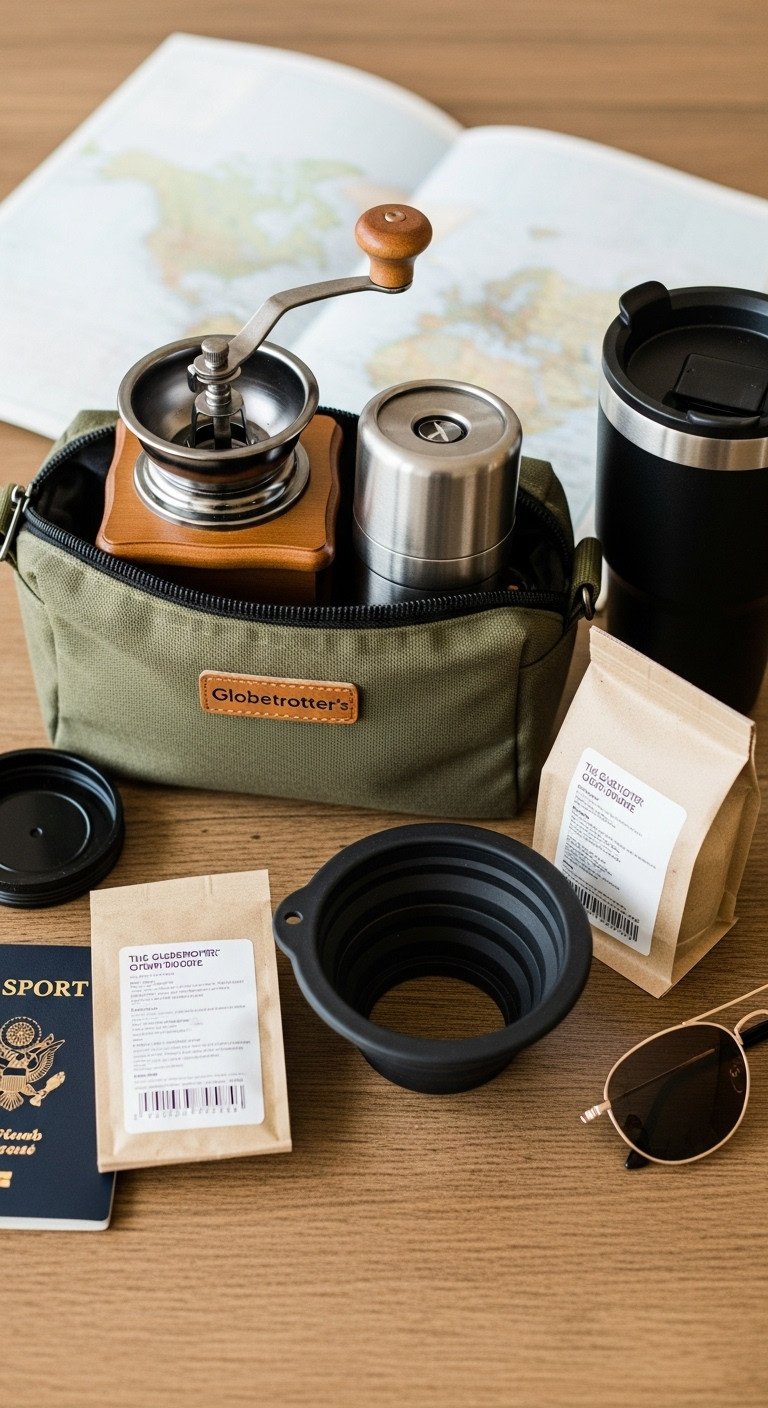 Canvas dopp kit with manual coffee grinder travel mug collapsible pour over cone and whole bean coffee with passport and sunglasses