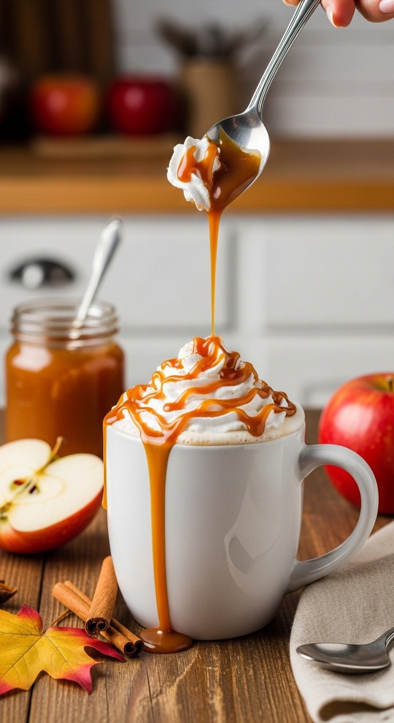 Caramel Apple Coffee in a cozy mug with whipped cream caramel drizzle apple apple butter and cinnamon stick on a rustic wooden table