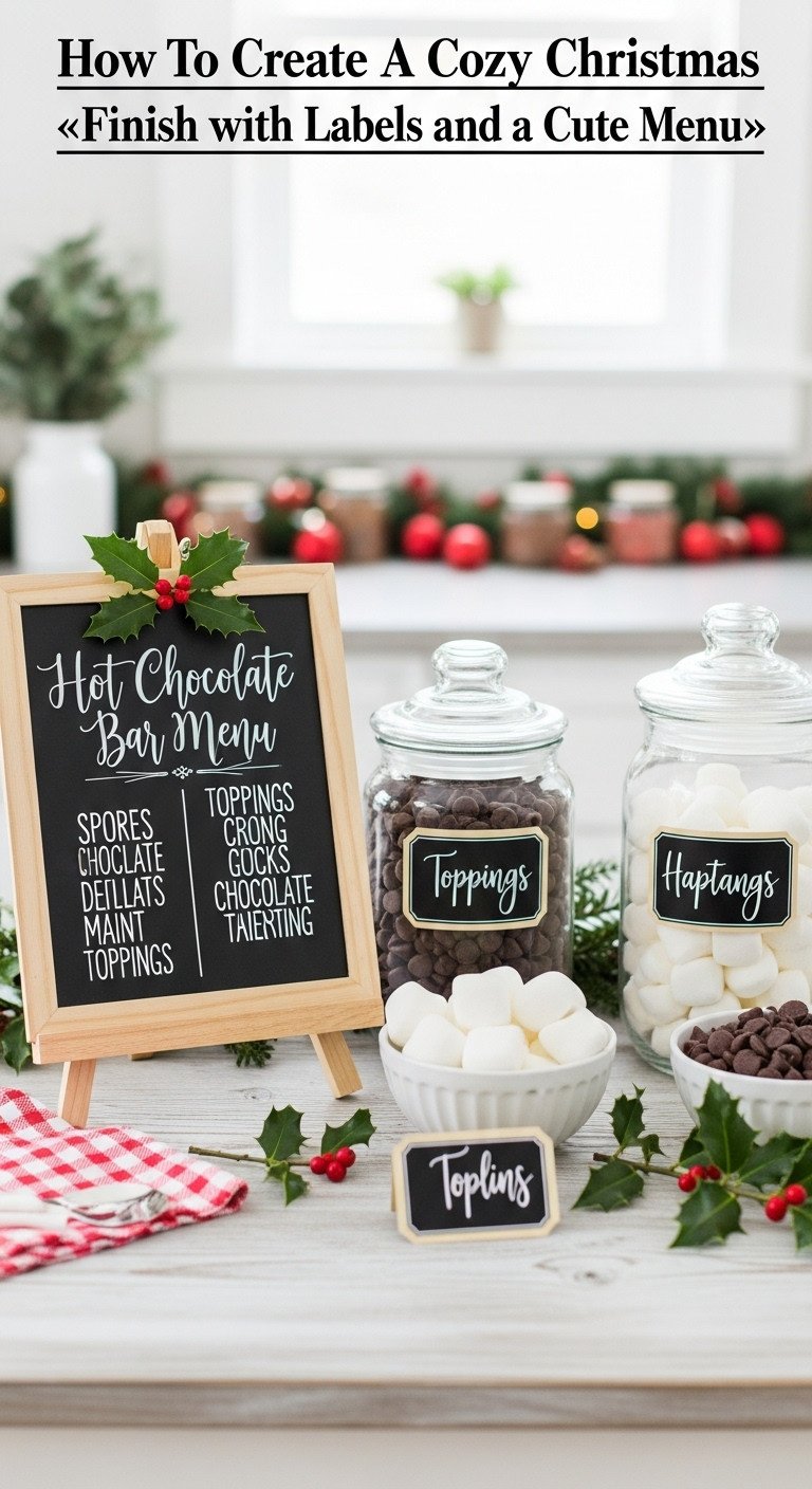 Chalkboard 'Hot Chocolate Bar Menu' sign with handwritten calligraphy and labeled glass jars of toppings on a white-washed wooden table
