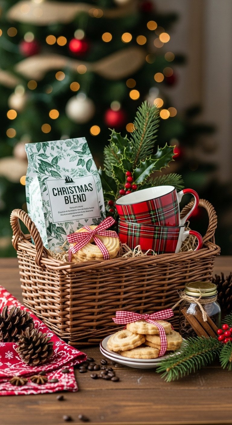 Charming Christmas coffee gift basket with Christmas blend coffee plaid mugs cookies and cinnamon sticks by a decorated tree
