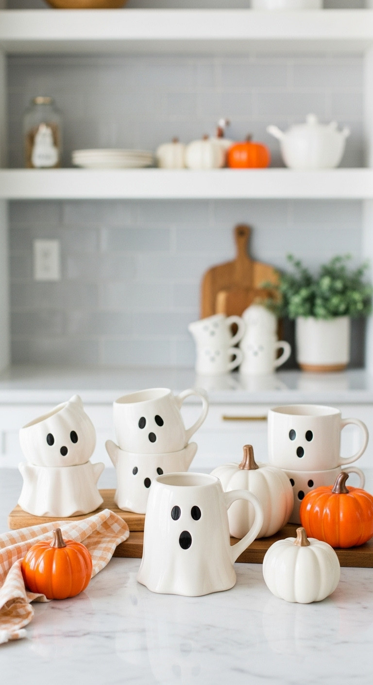 Charming Ghost Gourd Corner vintage Halloween coffee bar with Johanna Parker style ghost mugs ceramic pumpkins on a white marble countertop