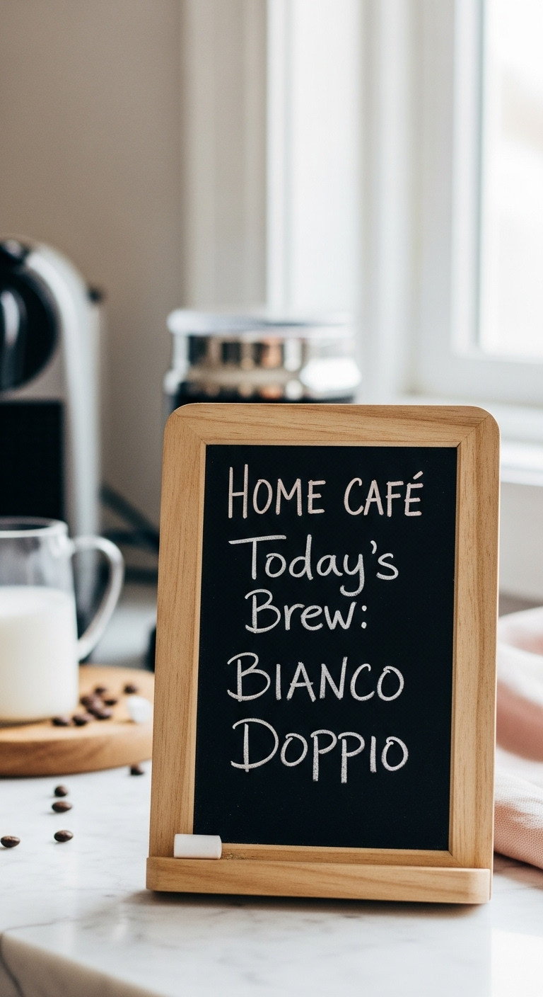 Charming Nespresso home cafe menu board with handwritten chalk displaying Today's Brew Bianco Doppio on a marble countertop