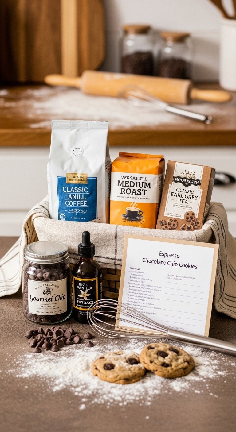 Charming basket with medium roast coffee Earl Grey tea vanilla extract chocolate chips whisk and recipe card in a cozy kitchen