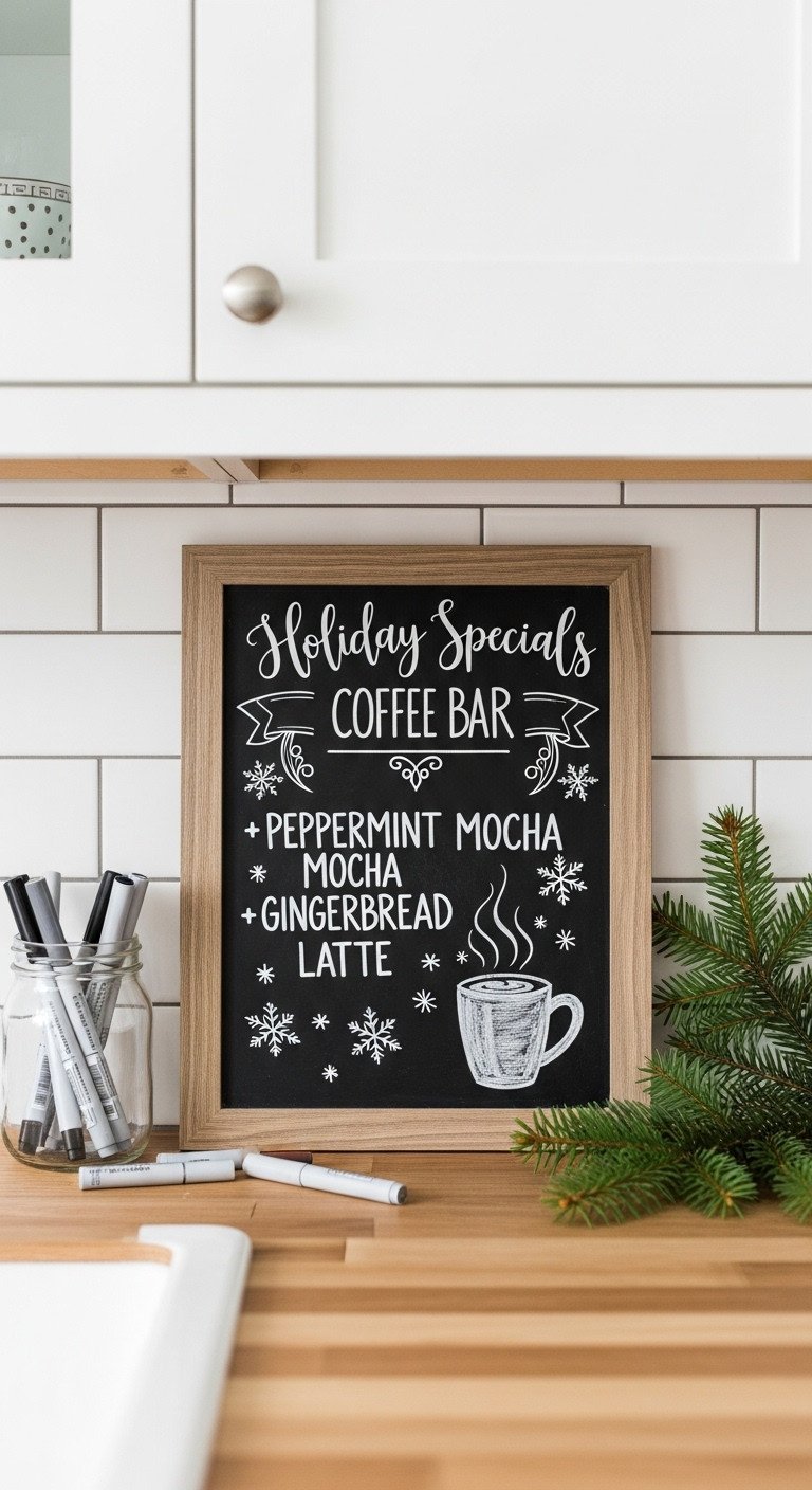 Charming chalkboard menu sign for a home Christmas coffee bar listing holiday specials with snowflake and steaming mug drawings