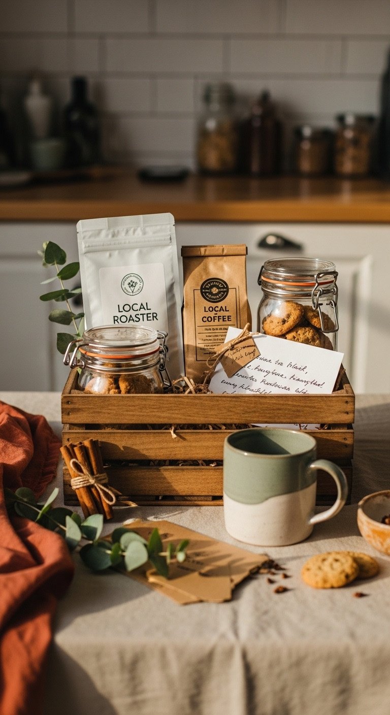Charming homemade coffee gift basket in a rustic wooden crate with local coffee handmade mug homemade cookies and a handwritten note