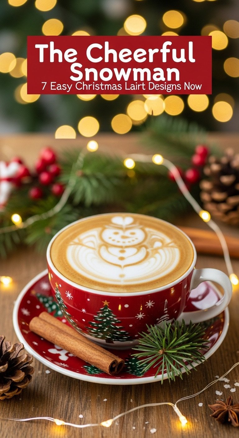 Cheerful snowman latte art in a festive mug on a rustic wooden table with Christmas lights and holly. Cozy holiday coffee design.