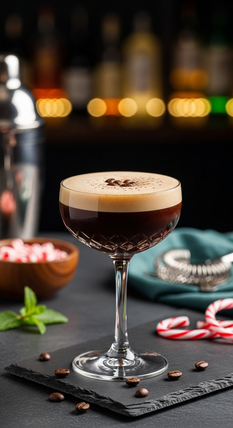 Chic festive peppermint espresso martini in a coupe glass with coffee bean garnish on dark slate surface in bar setting