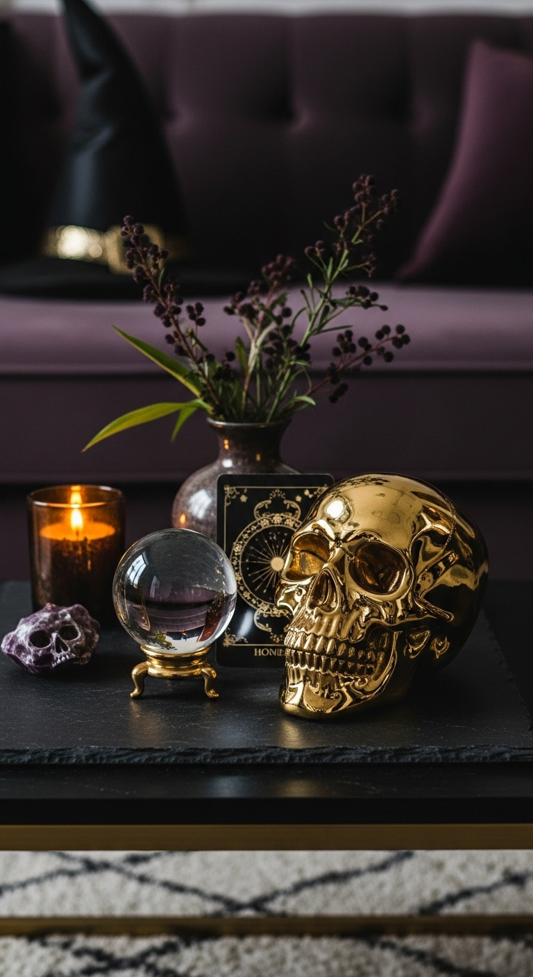 Chic gold skull and crystal ball with dark florals for witchy elegant Halloween coffee table decor