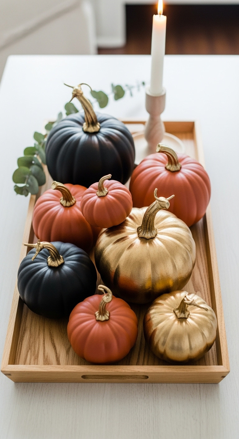Chic painted pumpkins in matte black metallic gold and terracotta on a wooden tray for spooky Halloween coffee table decor