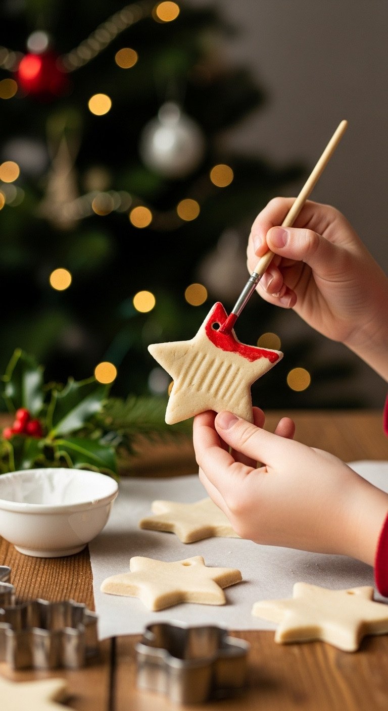 Child painting salt dough star ornament Christmas crafting bokeh holiday aesthetic Pinterest vertical photograph