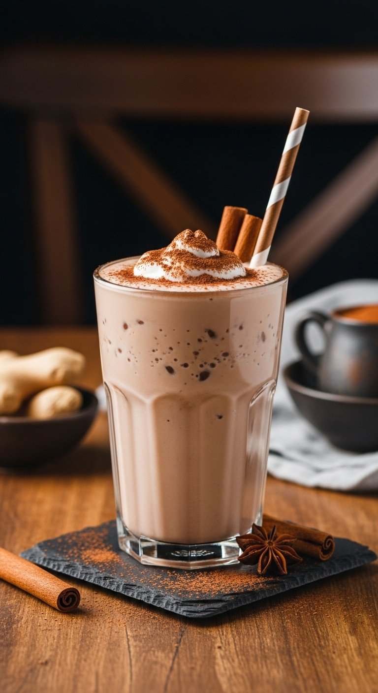 Chilled Gingerbread Iced Mocha in a tall glass on a dark slate coaster with blurred cozy cafe setting