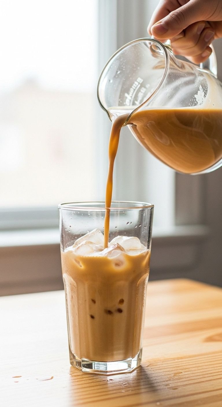 The Foolproof Recipe For Cold Coffee With Condensed Milk 11 Chilled creamy coffee pours from a pitcher into an ice-filled glass on a wooden surface, ready to enjoy.