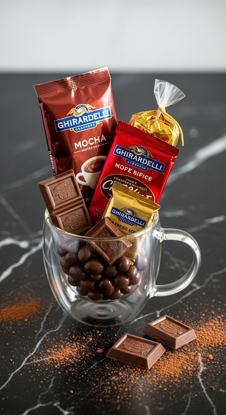 9 Creative Coffee Mug Gift Basket Ideas Anyone Can Make 13 Chocolate and mocha indulgence gift mug with mocha coffee Ghirardelli squares and chocolate covered espresso beans