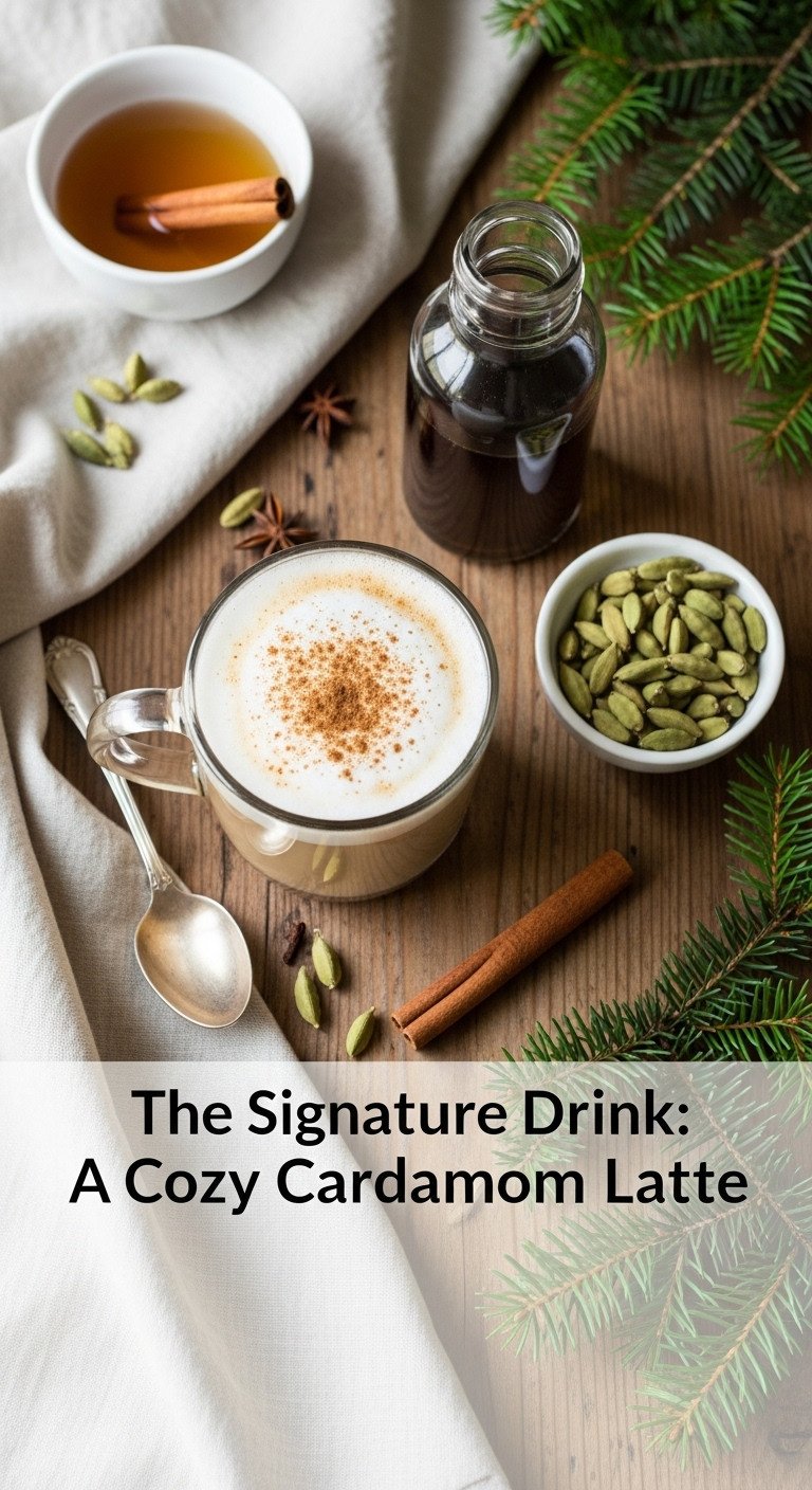 Christmas coffee aesthetic featuring a cardamom latte station with a clear glass mug spices and evergreen on a rustic wooden table