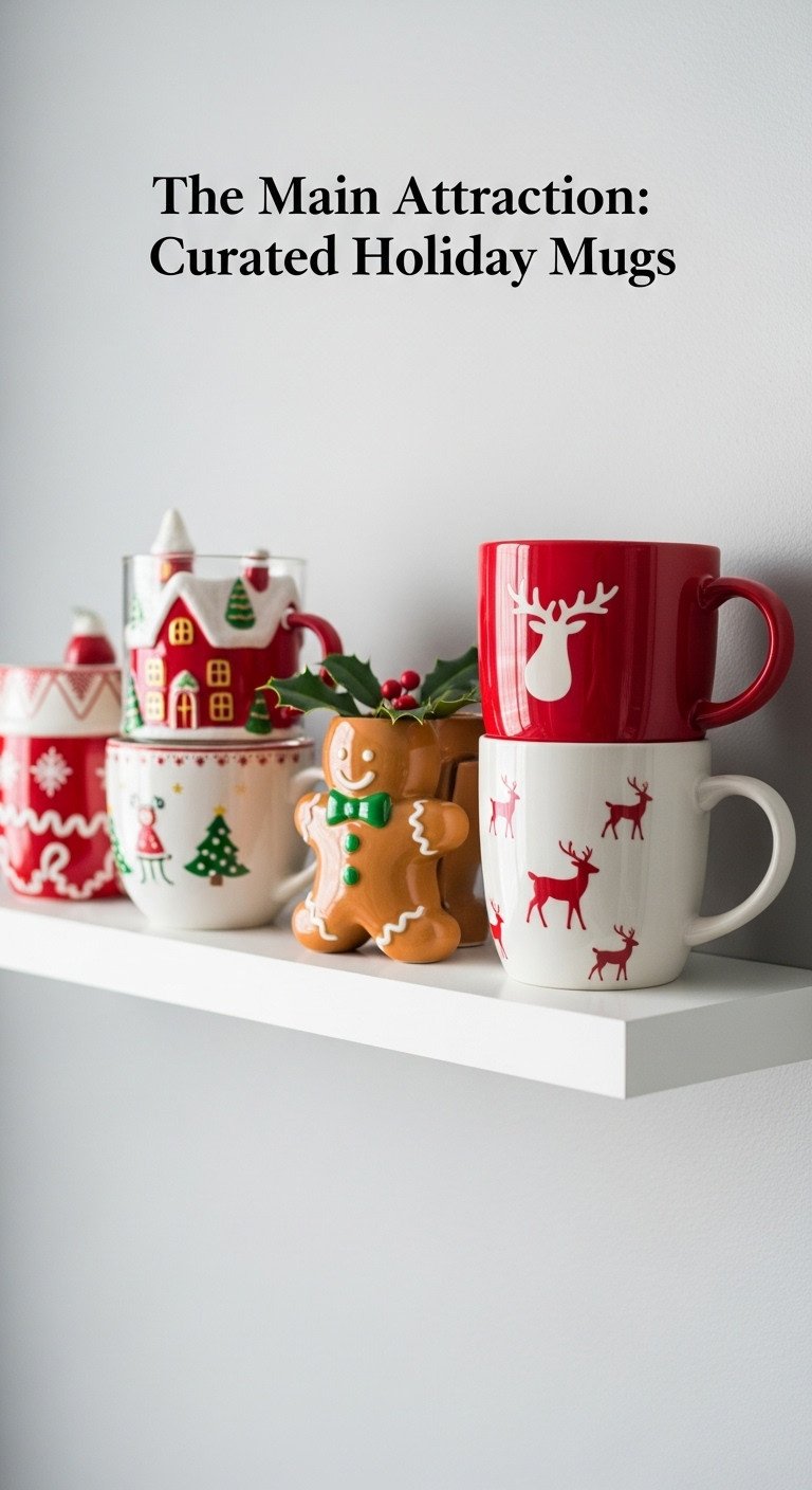 Christmas coffee aesthetic featuring a collection of curated holiday mugs including a glass Christmas village and gingerbread man mug on a white shelf