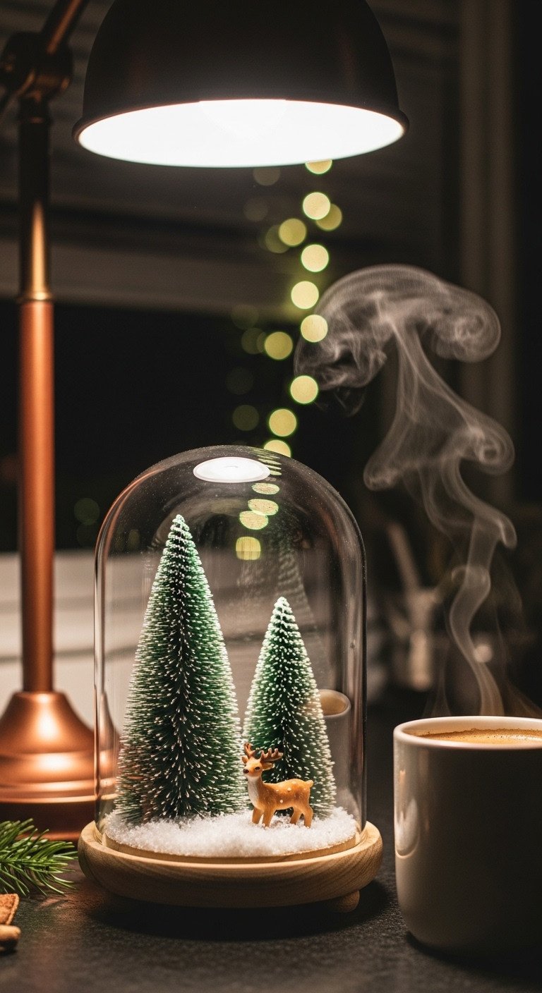 Christmas coffee aesthetic featuring a magical snow globe dome with frosted trees and a reindeer on a dark countertop next to a steaming mug