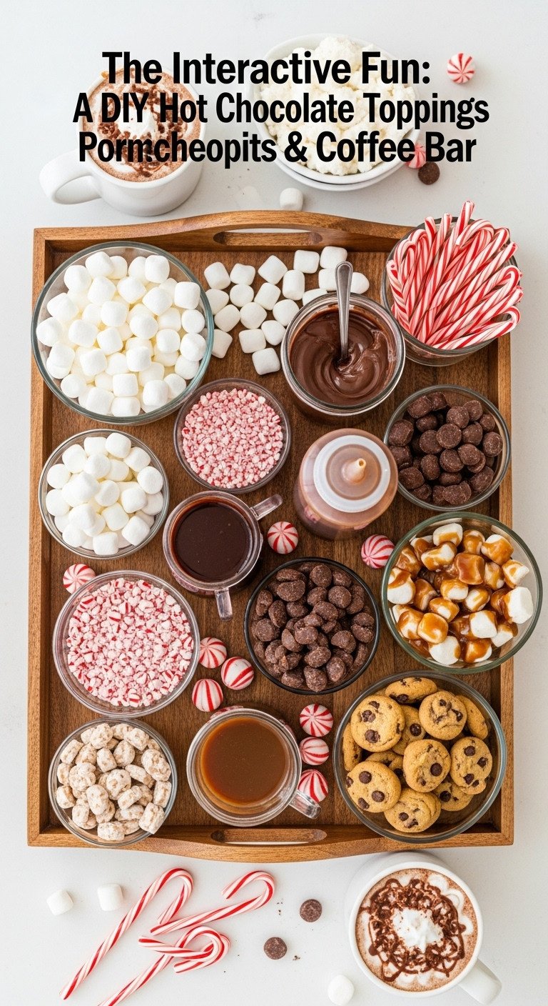 Christmas coffee aesthetic with a DIY hot chocolate and coffee toppings bar featuring marshmallows peppermint and chocolate on a wooden tray