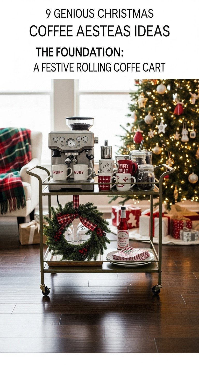 Christmas coffee aesthetic with a festive dark green rolling cart espresso machine and holiday decor in a cozy living room