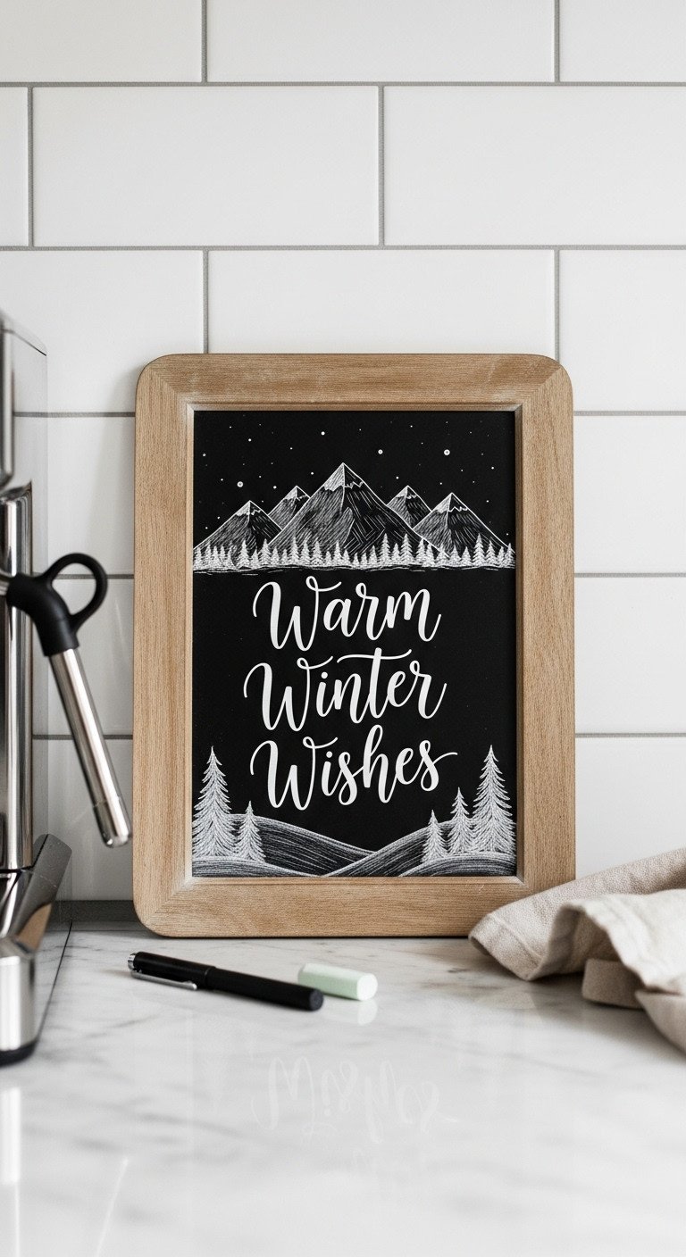 Christmas coffee aesthetic with a rustic framed chalkboard sign featuring hand-drawn winter landscape and elegant chalk calligraphy on a marble countertop