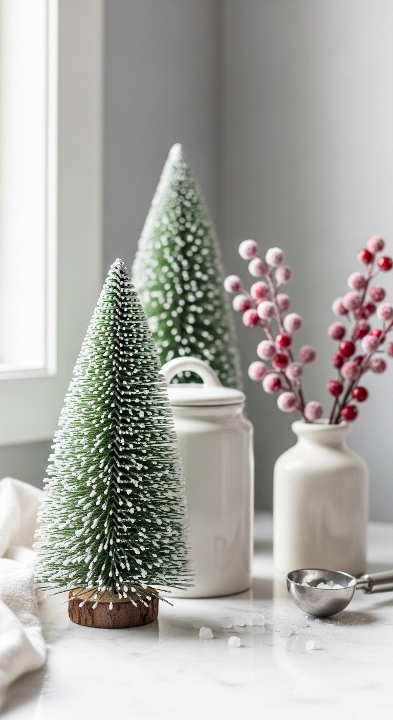 Christmas coffee aesthetic with frosted mini trees and red berry stems on a white marble counter with silver coffee scoop