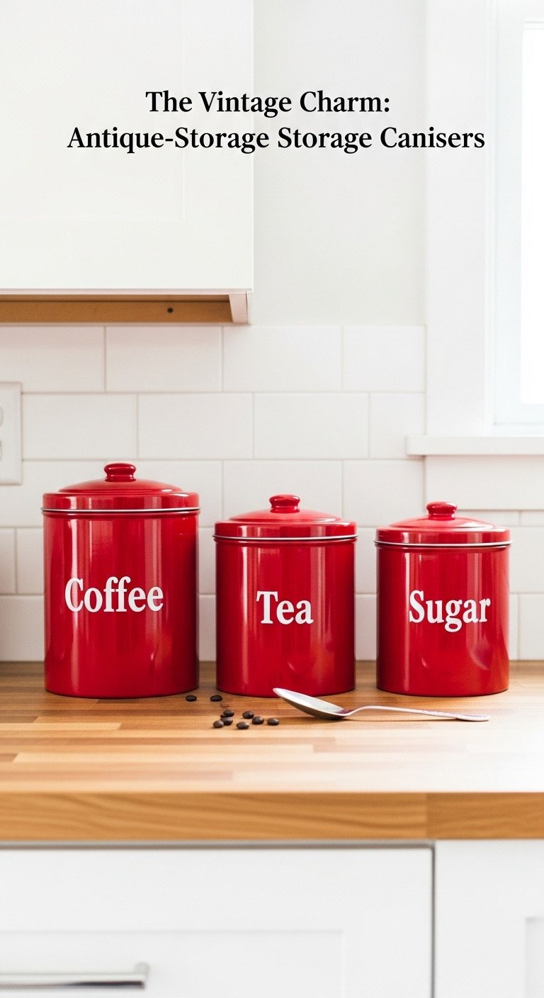 Christmas coffee aesthetic with vintage red metal canisters for coffee tea and sugar on a butcher block countertop