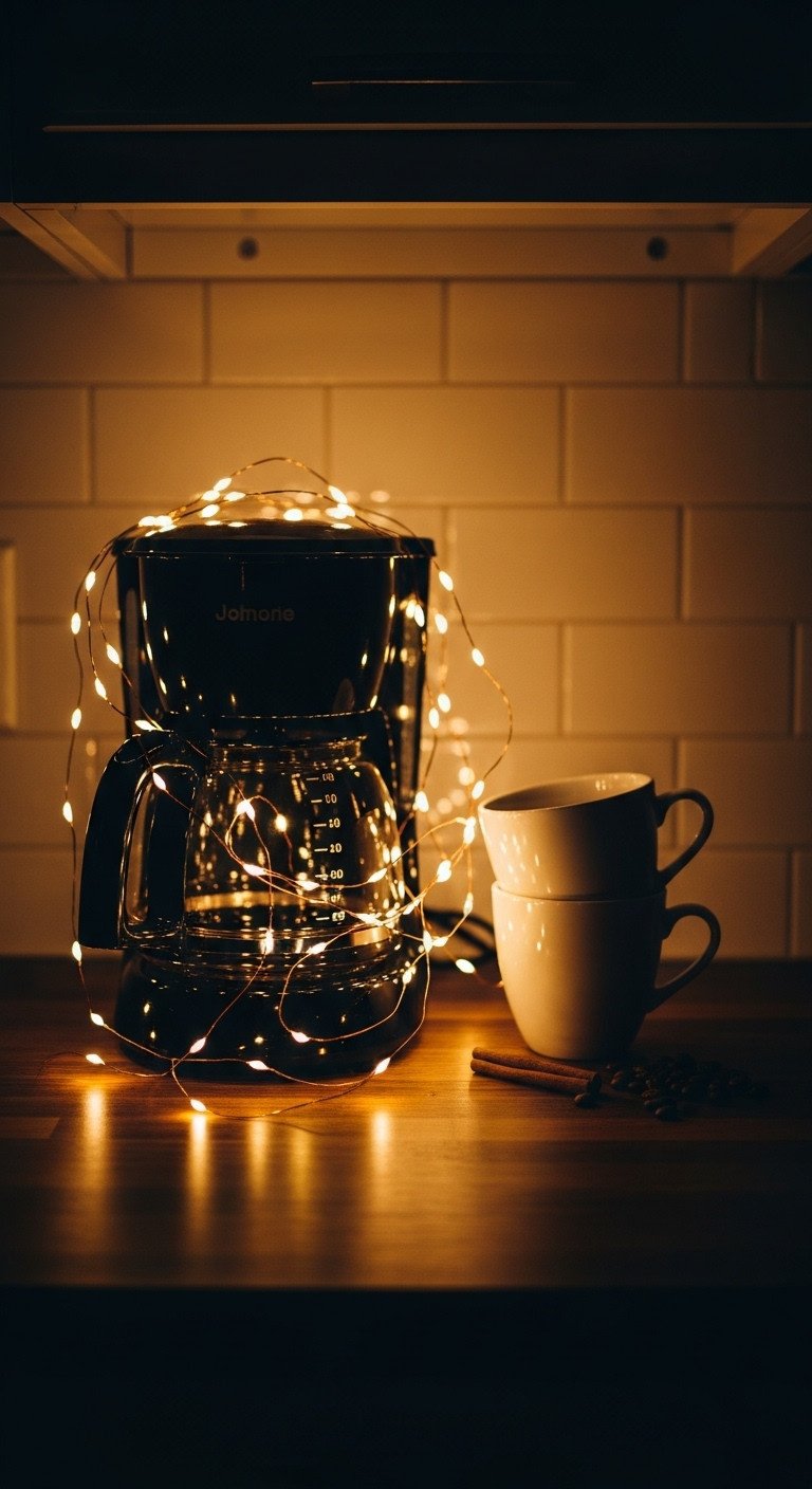 Christmas coffee aesthetic with warm twinkle lights illuminating a black drip coffee maker and white mugs on a dark wood counter