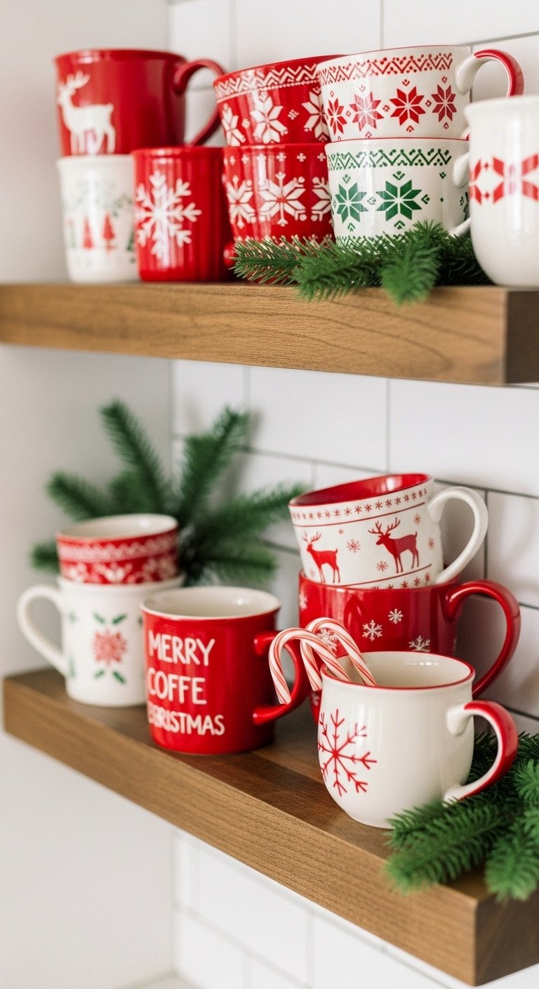 Christmas coffee bar featuring a collection of festive holiday mugs with snowflakes and reindeer designs on rustic wooden shelves
