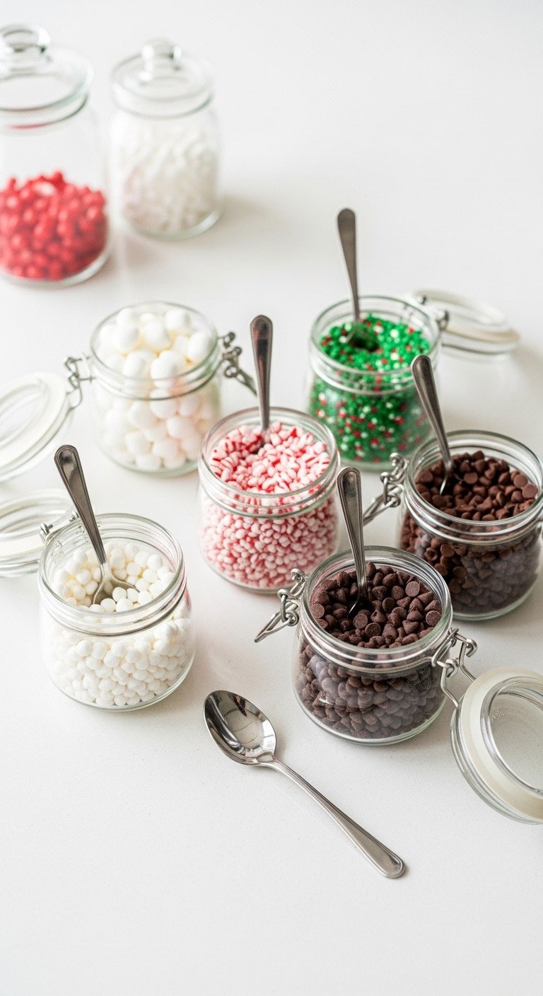 Christmas coffee bar with a DIY toppings bar featuring glass jars of mini marshmallows crushed peppermint and sprinkles on a white countertop