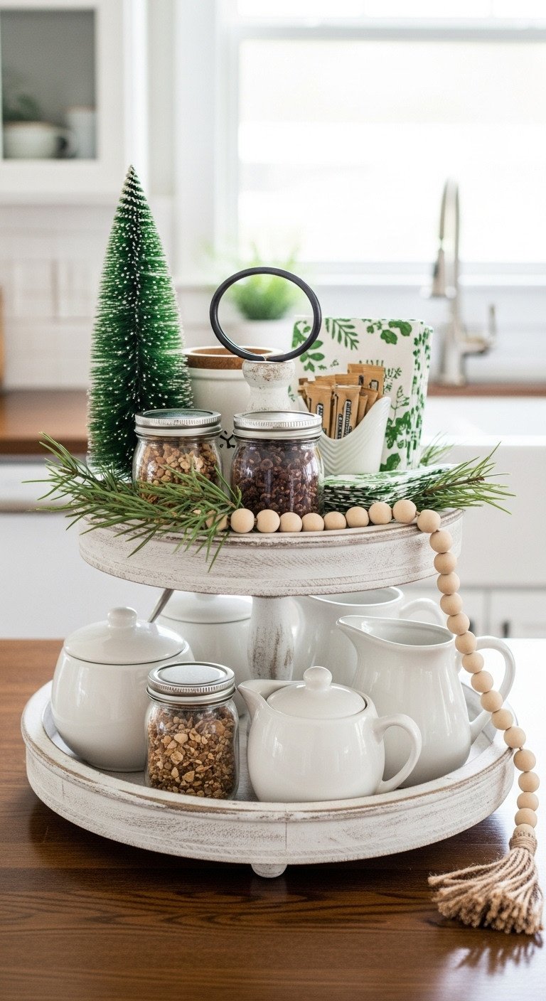 Christmas coffee bar with a beautifully styled farmhouse tiered tray holding sugar creamer toppings and festive napkins