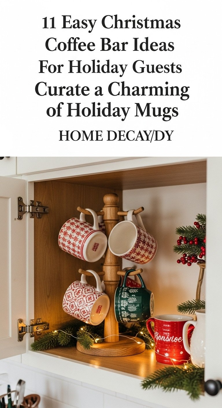 Christmas coffee bar with a charming collection of festive holiday mugs displayed on a rustic wooden mug tree with fairy lights