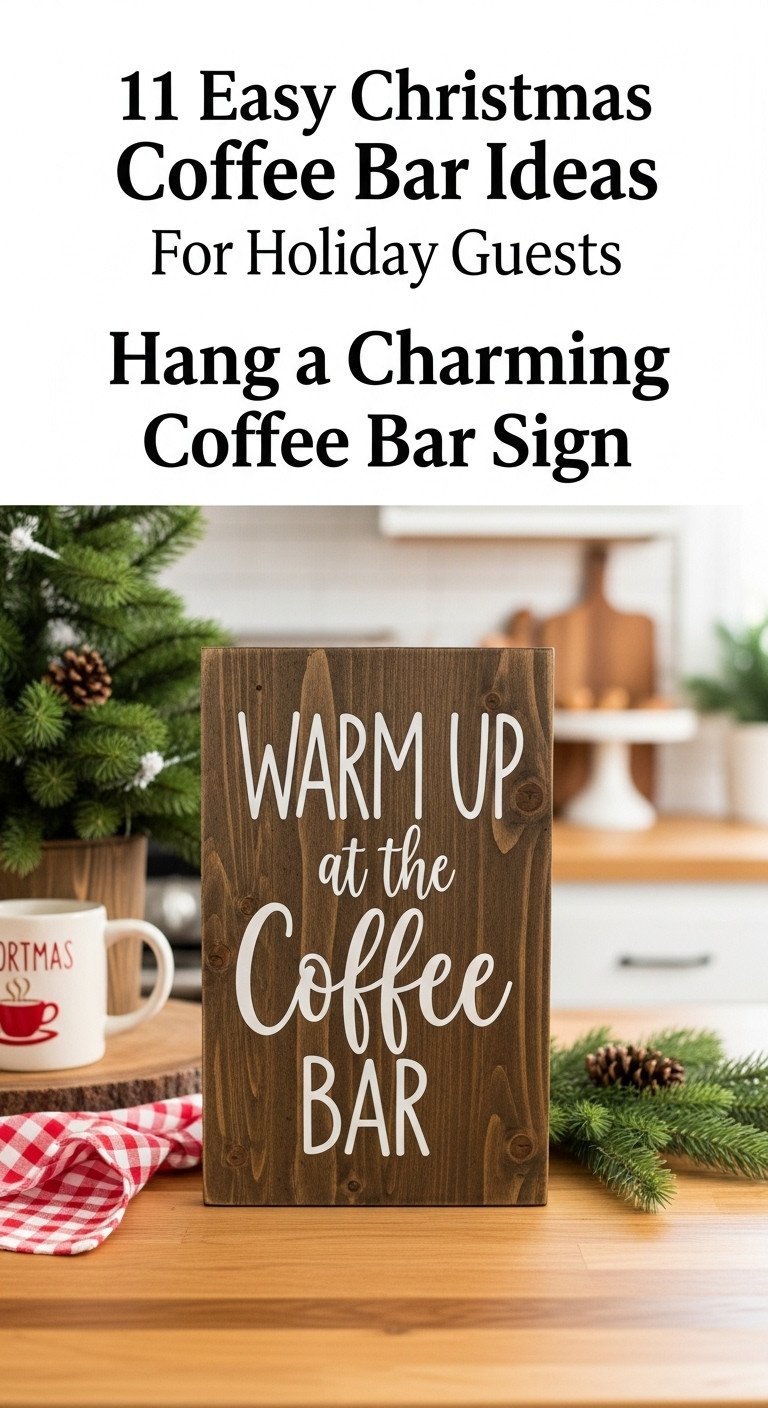 Christmas coffee bar with a charming farmhouse style wooden sign saying Warm Up at the Coffee Bar leaning on a countertop