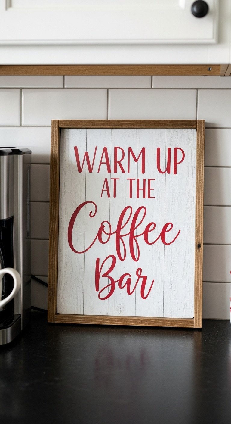 Christmas coffee bar with a cheerful rustic wooden sign saying Warm Up at the Coffee Bar behind a coffee maker