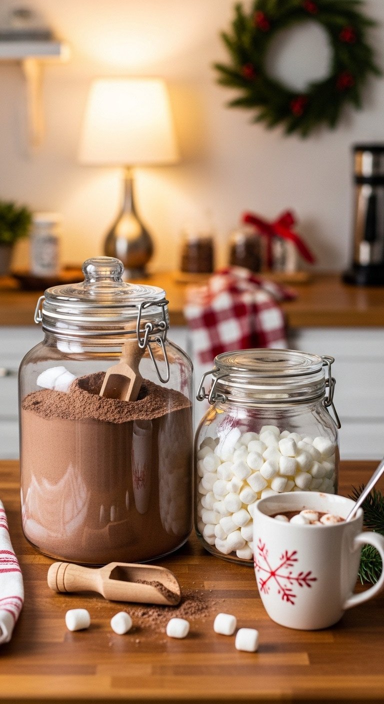 Christmas coffee bar with a dedicated hot chocolate corner featuring glass canisters of cocoa mix and marshmallows on a butcher block counter