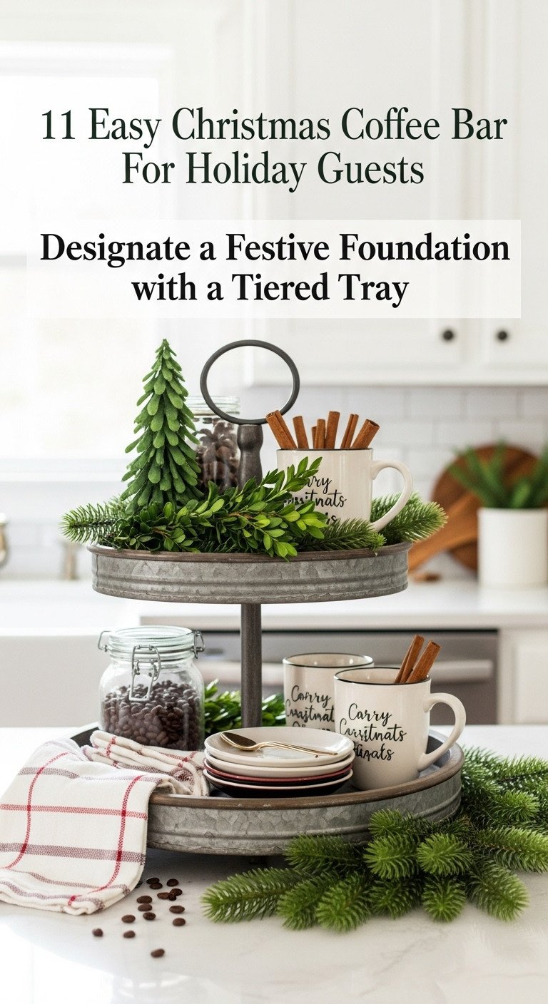 Christmas coffee bar with a festive tiered tray decorated with a boxwood wreath mugs and cinnamon sticks on a kitchen countertop