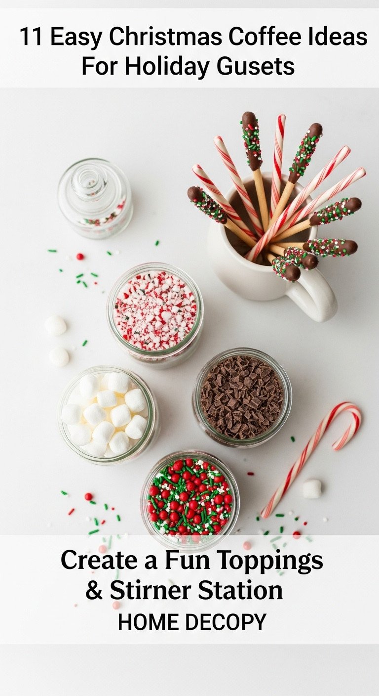 Christmas coffee bar with a fun toppings and stirrer station featuring apothecary jars of marshmallows peppermint and sprinkles