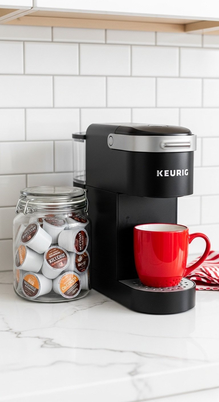 Christmas coffee bar with a sleek single-serve coffee and hot cocoa maker next to a glass canister of pods and a red mug