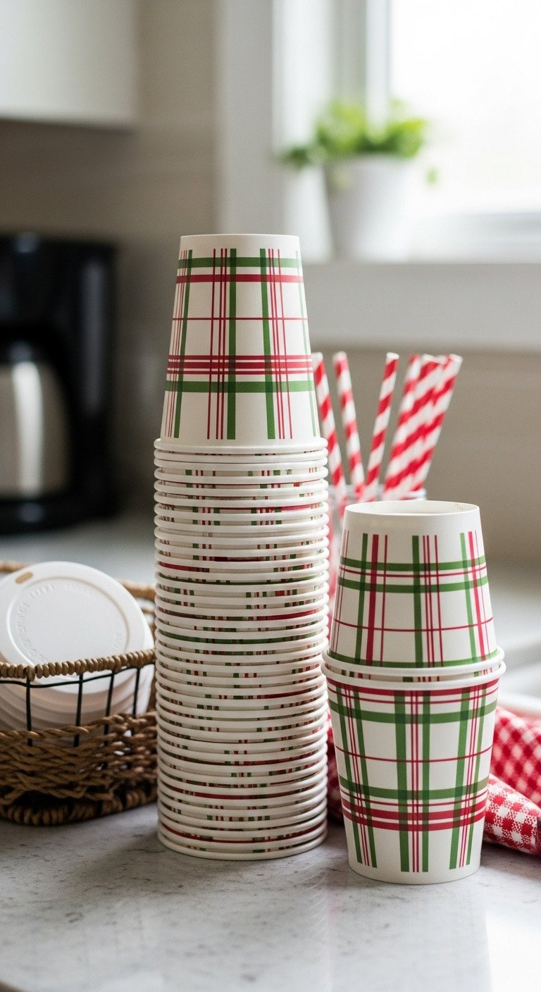 Christmas coffee bar with a stack of convenient to-go cups with a red and green plaid pattern and festive straws