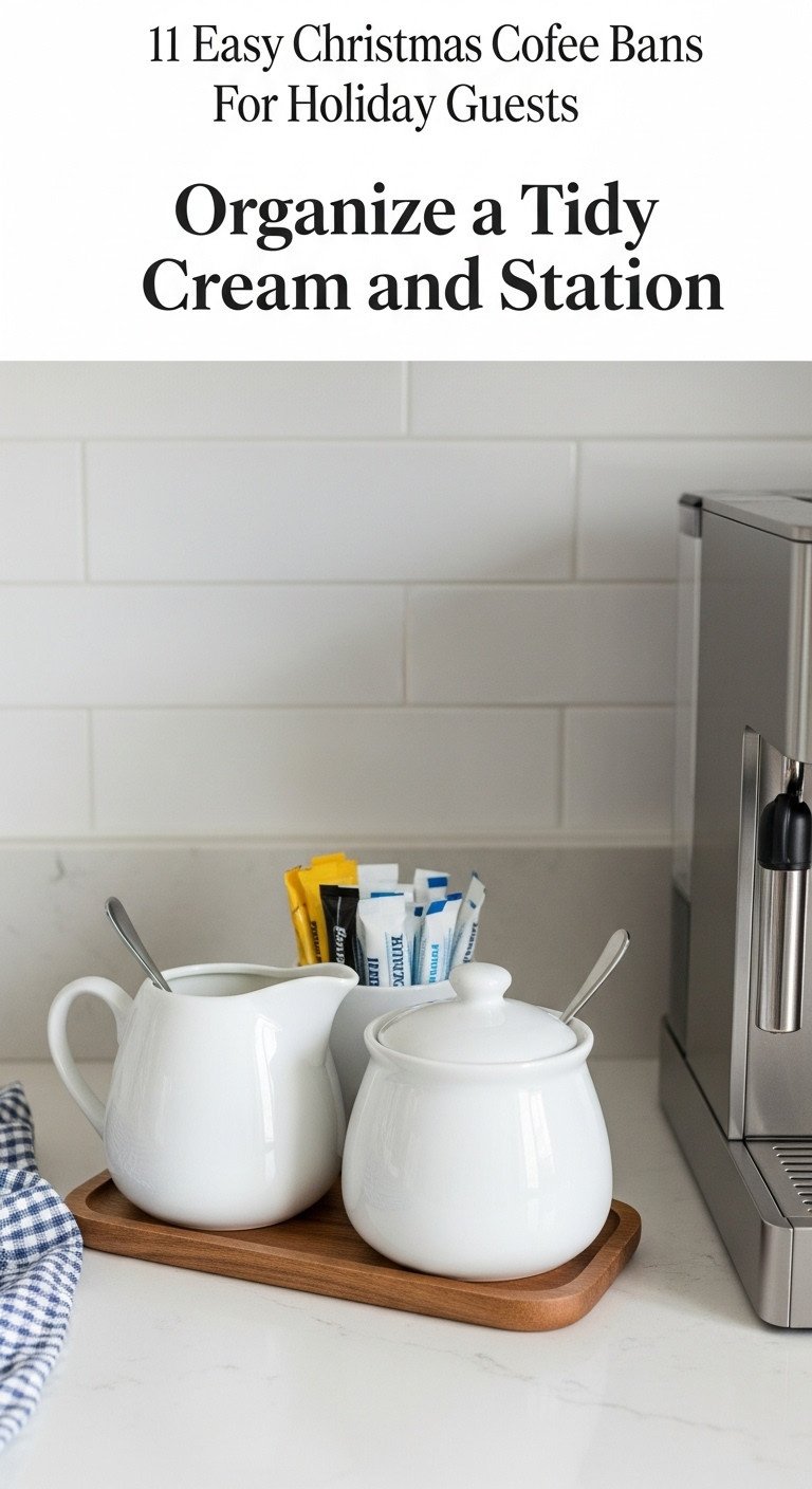 Christmas coffee bar with an organized cream and sugar station featuring white ceramic creamer and sugar bowl on a wooden tray