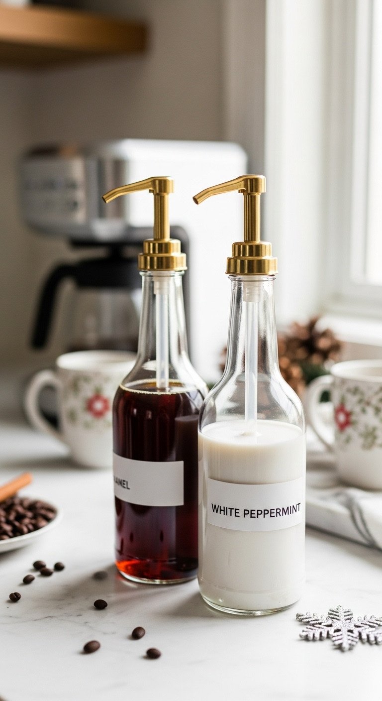 Christmas coffee bar with elegant glass syrup dispensers filled with caramel and peppermint syrup on a white marble countertop