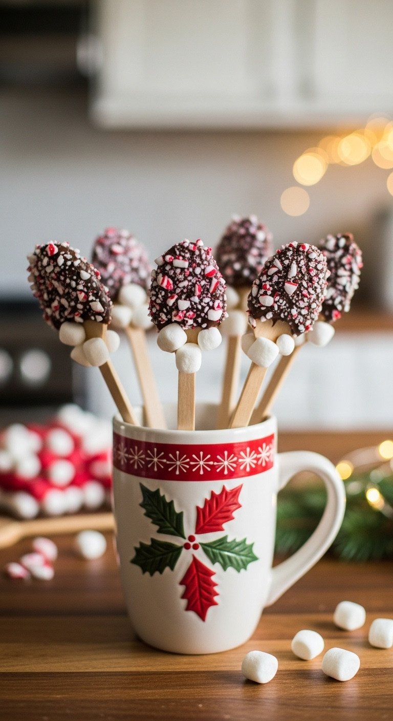 Christmas coffee bar with festive DIY stir sticks made of chocolate dipped wooden spoons with crushed peppermint and marshmallows