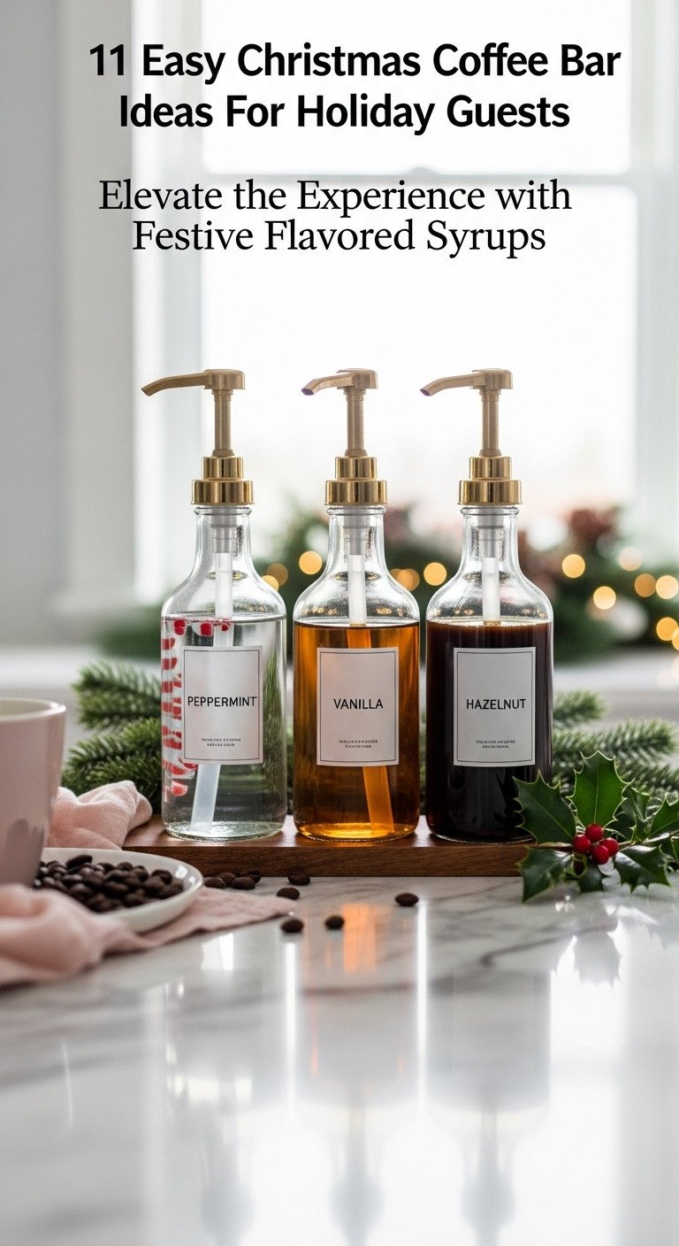 Christmas coffee bar with festive flavored syrups in elegant glass dispensers on a wooden tray with holly and coffee beans