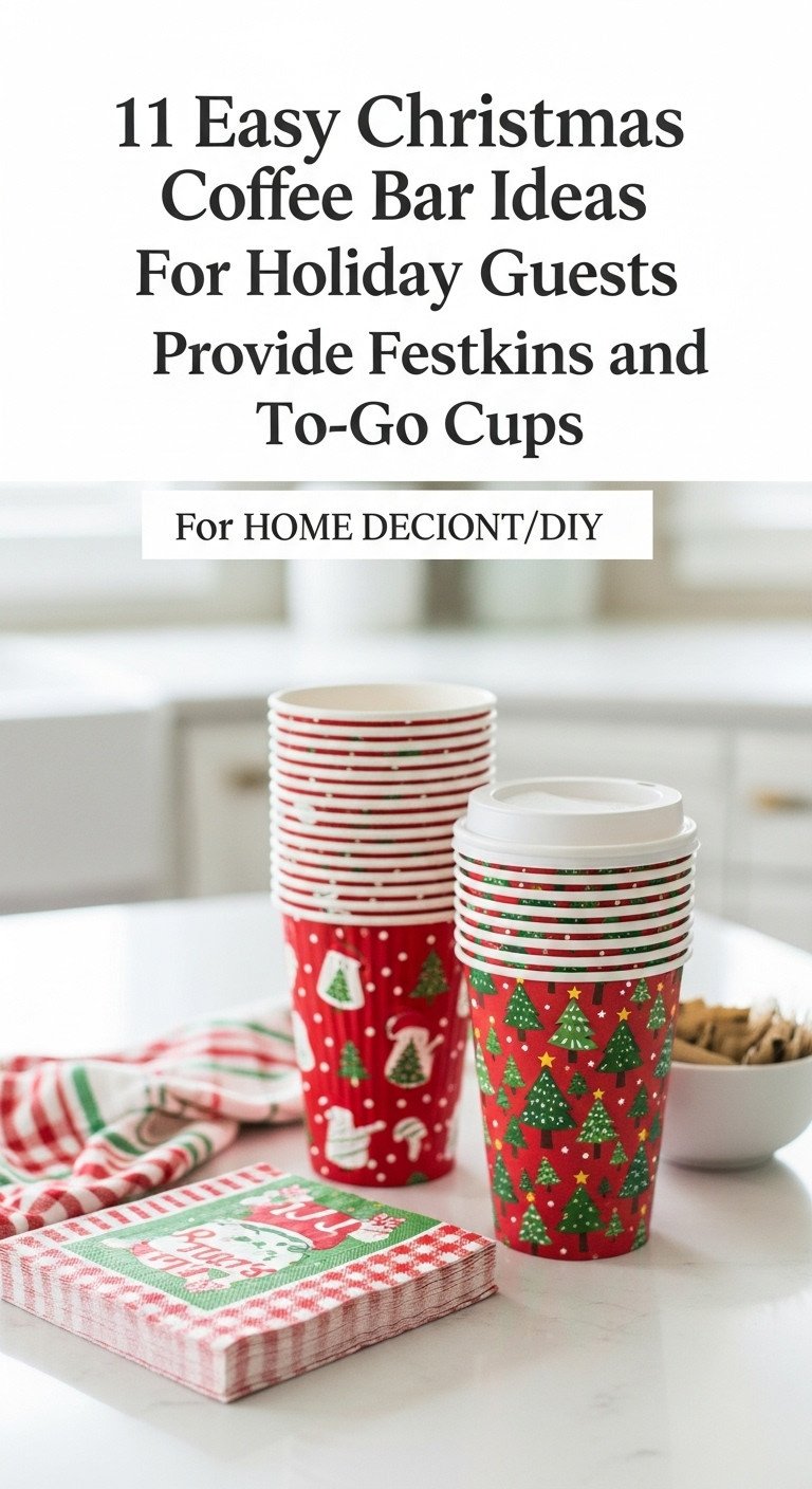 Christmas coffee bar with festive napkins and holiday print to-go coffee cups on a clean kitchen countertop