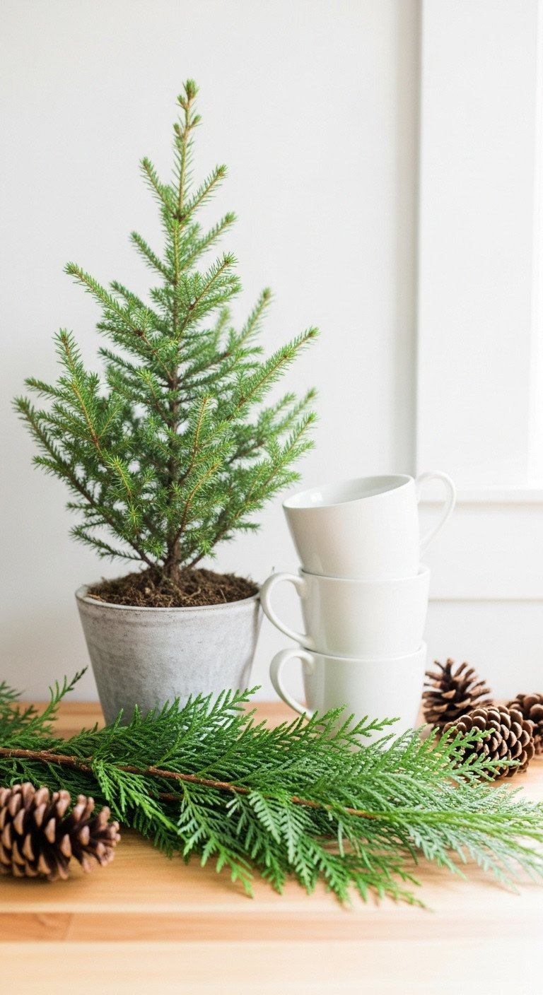 Christmas coffee bar with natural greenery featuring a potted miniature evergreen tree and cedar garland on a light wood countertop