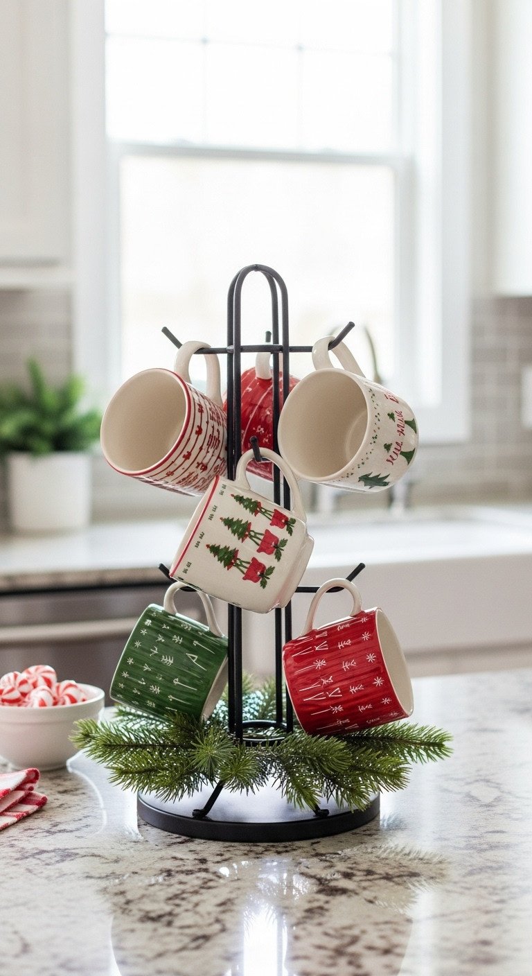 Christmas coffee corner tiered tray small space organization kitchen styling holiday aesthetic Pinterest vertical photograph