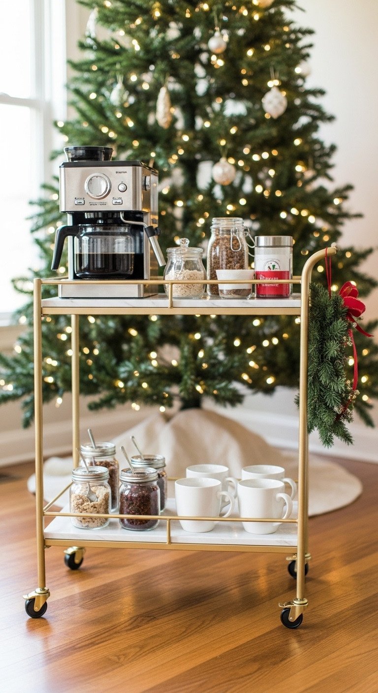 Christmas coffee corner tiered tray small space organization kitchen styling holiday aesthetic Pinterest vertical photograph