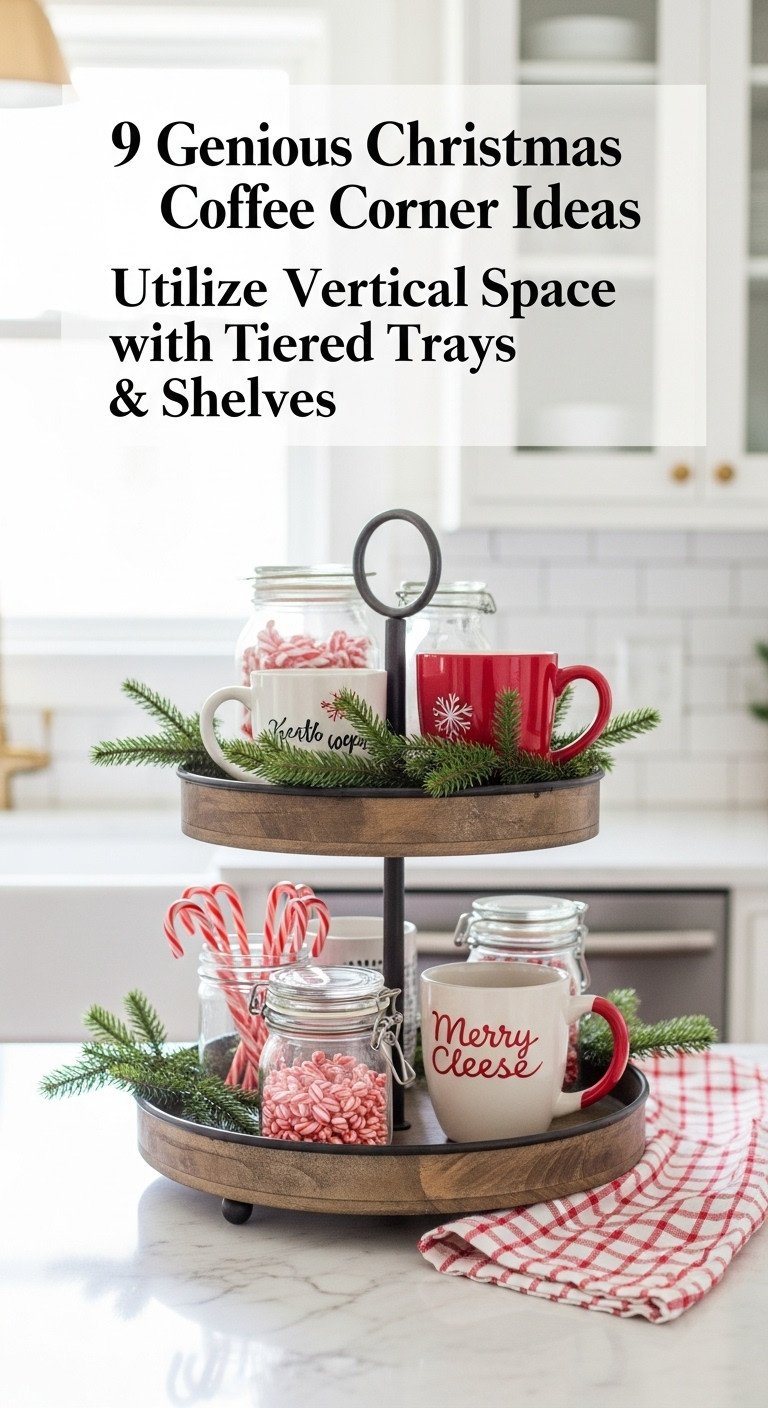 Christmas coffee corner tiered tray small space organization kitchen styling holiday aesthetic Pinterest vertical photograph